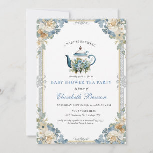 A Baby Is Brewing Blue Floral Shower Invitation