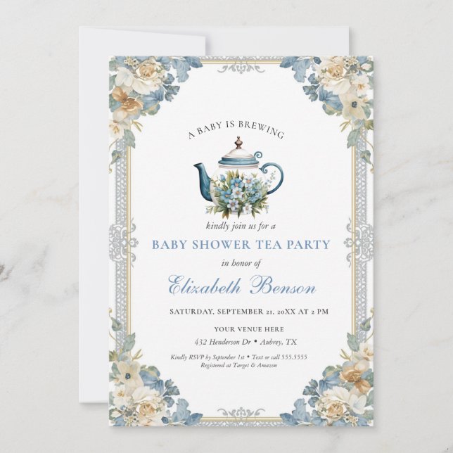 A Baby Is Brewing Blue Floral Shower Invitation (Front)