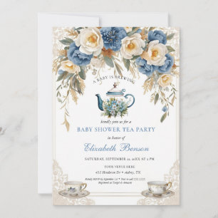 A Baby Is Brewing Blue Floral Shower Invitation