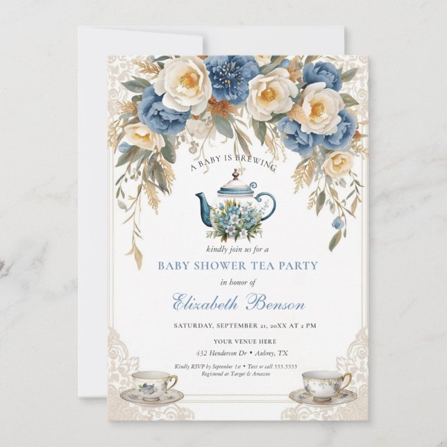 A Baby Is Brewing Blue Floral Shower Invitation (Front)