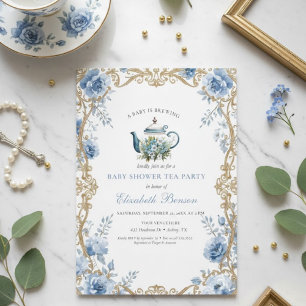 A Baby Is Brewing Blue Floral Shower Invitation