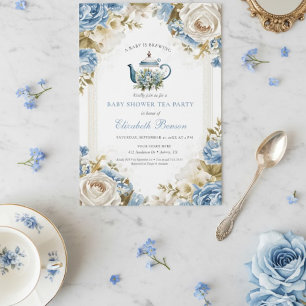 A Baby Is Brewing Blue Floral Shower Invitation
