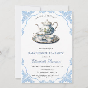 A Baby is Brewing blue Flower Baby Shower Tea Invitation