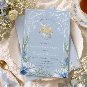 A Baby is Brewing blue Flower Baby Shower Tea Invitation