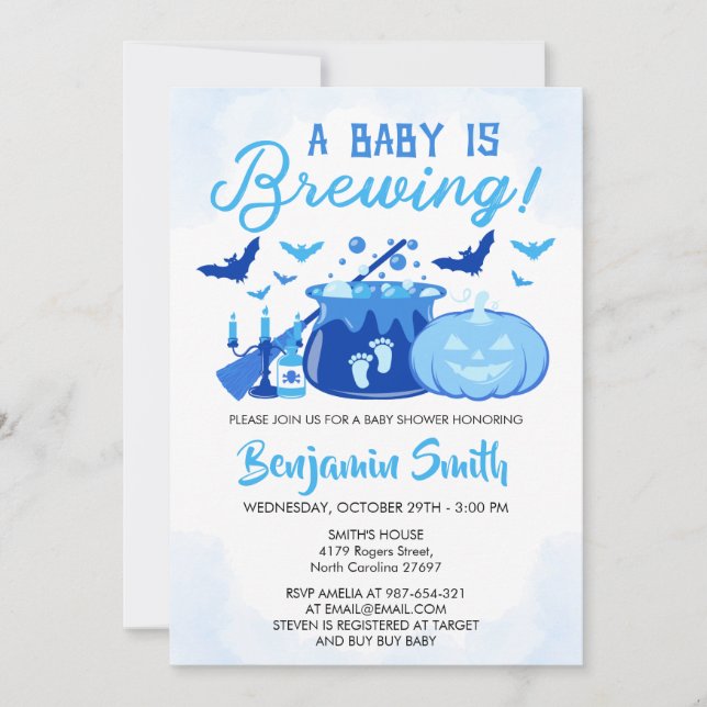 A Baby Is Brewing Blue Halloween Baby Shower Boy Invitation (Front)