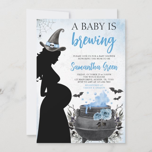 A Baby is Brewing Blue Halloween Baby Shower Invitation (Front)
