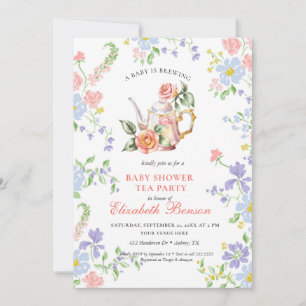 A Baby is Brewing Blush Flower Baby Shower Tea Inv Invitation