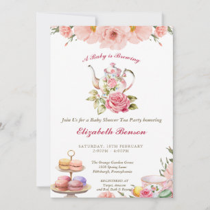 A Baby is Brewing Blush Flower Baby Shower Tea Inv Invitation