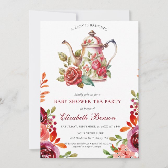 A Baby is Brewing Blush Flower Baby Shower Tea Inv Invitation (Front)