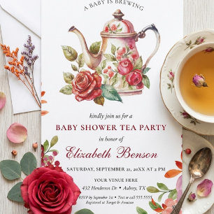 A Baby is Brewing Blush Flower Baby Shower Tea Inv Invitation