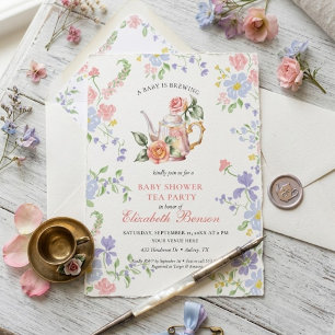 A Baby is Brewing Blush Flower Baby Shower Tea Inv Invitation