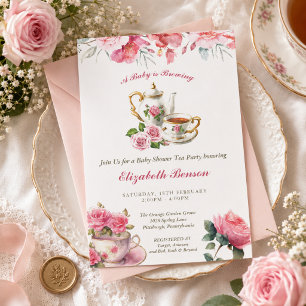A Baby is Brewing Blush Flower Baby Shower Tea Inv Invitation