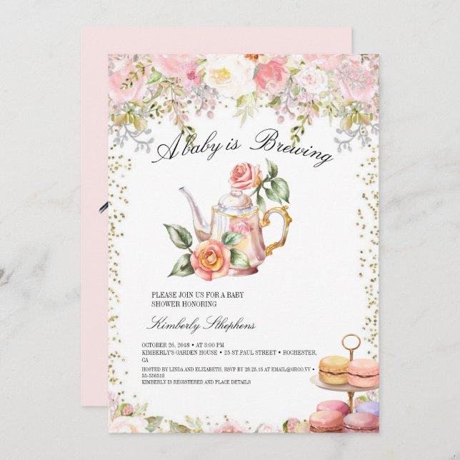 A Baby is Brewing Blush Flower Baby Shower Tea Invitation (Front/Back)