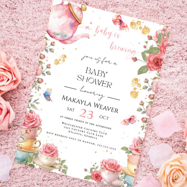 A Baby is Brewing Blush Flower Baby Shower Tea Invitation (Creator Uploaded)