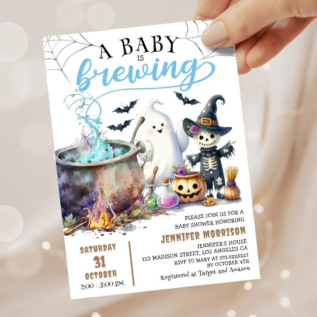 A Baby is Brewing! Boy Cute Halloween Baby Shower  Invitation (Creator Uploaded)