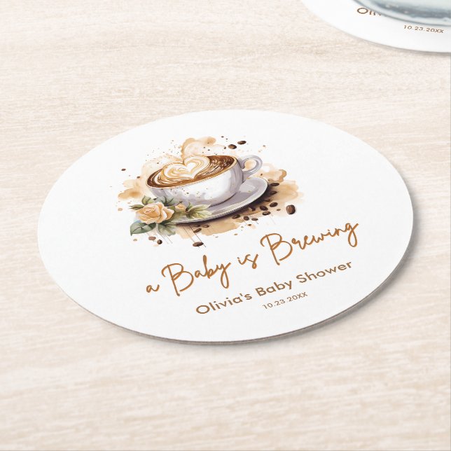 A Baby is Brewing Brown Coffee Baby Shower Round Paper Coaster (Angled)