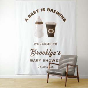 A Baby Is Brewing Brown White Baby Shower Backdrop Tapestry