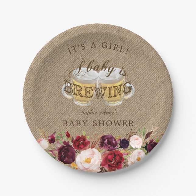 A Baby is BREWING Burlap Floral Baby Shower Paper Plate (Front)
