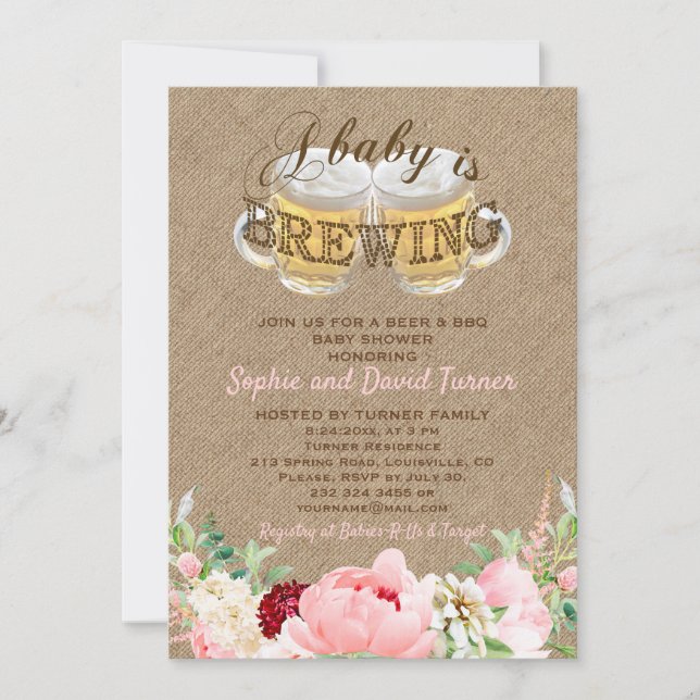 A Baby is Brewing Burlap Floral BBQ Baby Shower Invitation (Front)