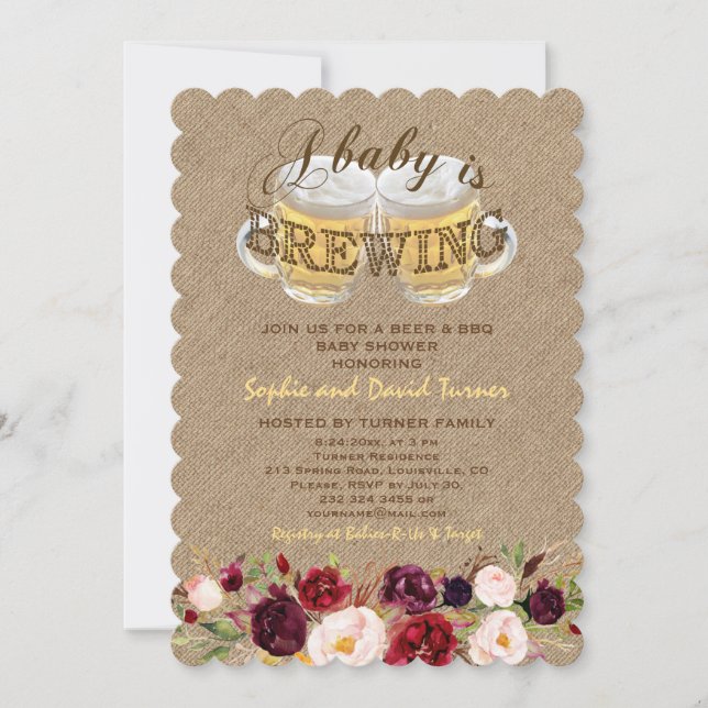 A Baby is BREWING Burlap Flowers BBQ Baby Shower Invitation (Front)