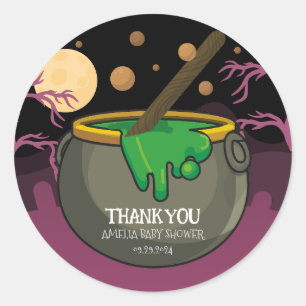 A baby is brewing cauldron halloween baby shower classic round sticker