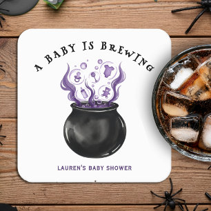 A Baby is Brewing Cauldron Halloween Baby Shower Square Paper Coaster