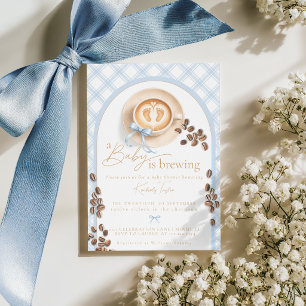 A Baby is Brewing Coffee Boy Blue Bow Baby Shower Invitation