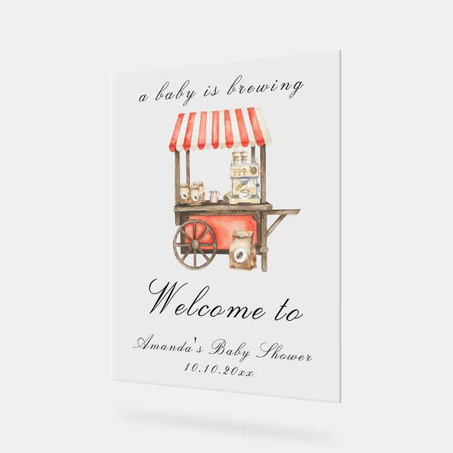 A Baby Is Brewing Coffee Cart Baby Shower Welcome Acrylic Sign (Angle)