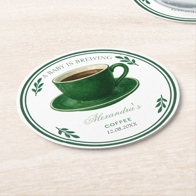 A Baby Is Brewing Coffee Cup Baby Shower Round Paper Coaster (Angled)