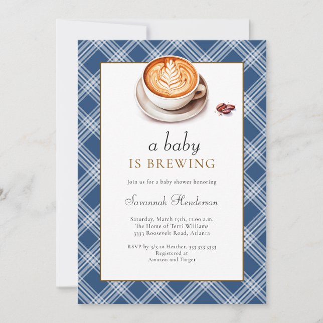 A Baby Is Brewing Coffee Cup Blue Baby Shower  Invitation (Front)