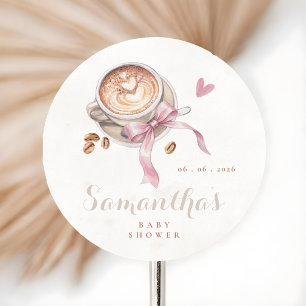 A baby is brewing coffee pink bow baby shower   classic round sticker