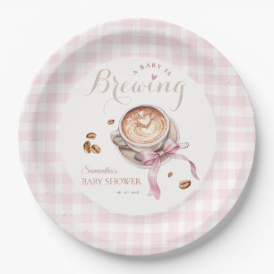 A baby is brewing coffee pink bow baby shower paper plate