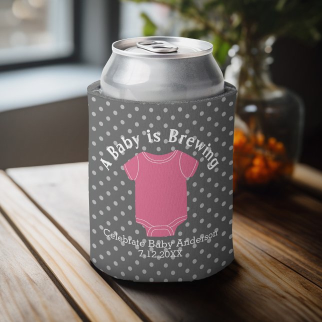 A Baby is Brewing - Couples Shower Favour Pink Gir Can Cooler (Baby Shower Favor - Personalized Can Cooler for a Couple's Shower - A Baby is Brewing)