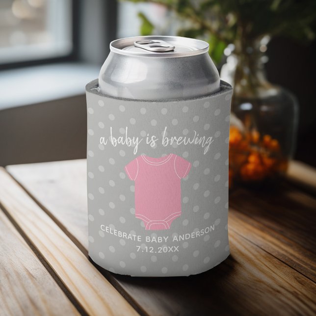 A Baby is Brewing - Couples Shower Favour Pink Gir Can Cooler (Baby Shower Favor - Personalized Can Cooler for a Couple's Shower - A Baby is Brewing)