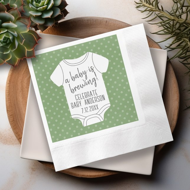 A Baby is Brewing -- Couples Shower - Green Napkin (A Baby is Brewing  personalized baby shower invitations)
