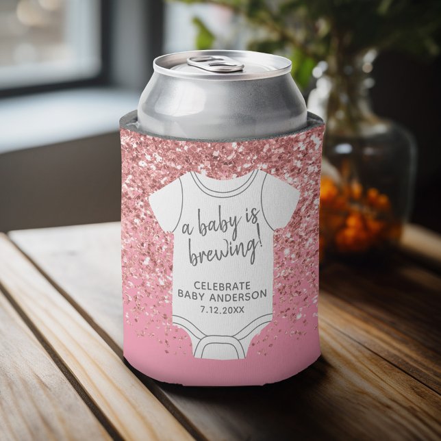 A Baby is Brewing -- Couples Shower Pink Glitter Can Cooler (Baby Shower Favor - Personalized Can Cooler for a Couple's Shower - A Baby is Brewing)