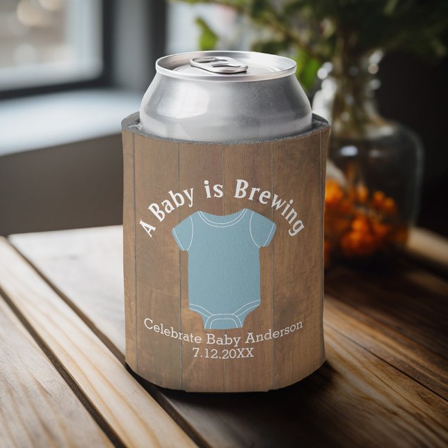 A Baby is Brewing - Couples Shower Wood Blue Boy Can Cooler (Baby Shower Favor - Personalized Can Cooler for a Couple's Shower - A Baby is Brewing)