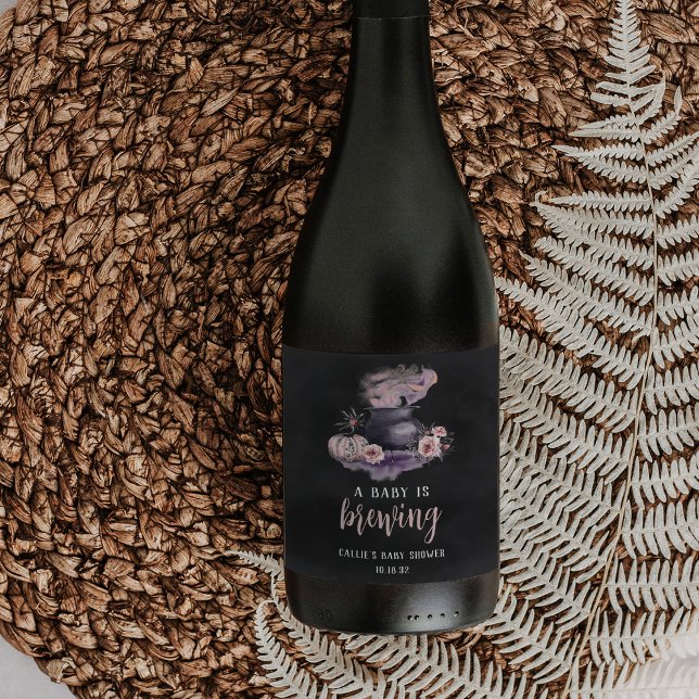 A Baby Is Brewing Cute Halloween Baby Shower Favou Wine Label (Creator Uploaded)