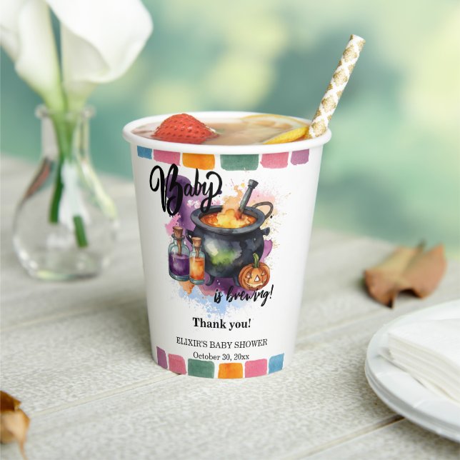 A Baby Is Brewing | Cute Halloween Baby Shower Paper Cups (Insitu)