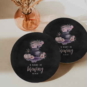 A Baby Is Brewing   Cute Halloween Baby Shower Paper Plate