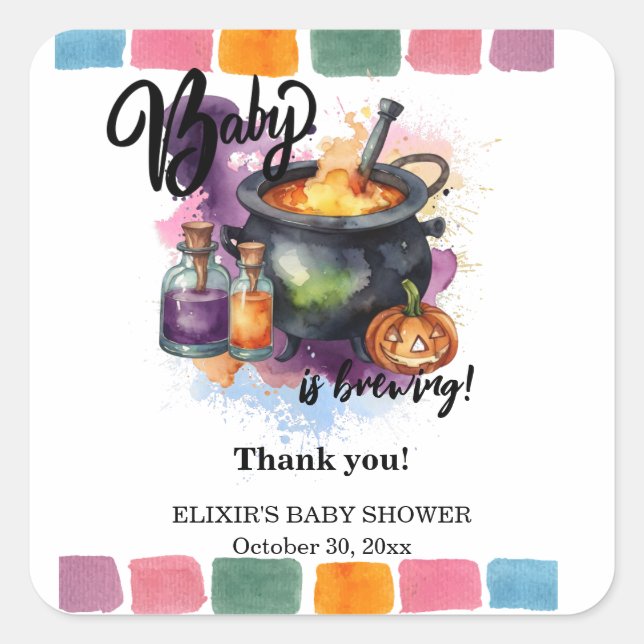 A Baby Is Brewing | Cute Halloween Baby Shower Square Sticker (Front)