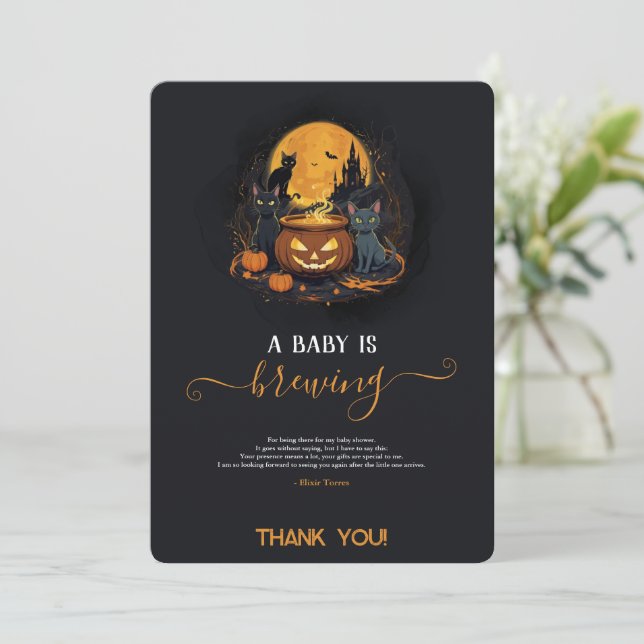 A Baby Is Brewing Cute Halloween Baby Shower Thank You Card (Standing Front)