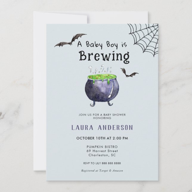 A Baby is Brewing Cute Halloween Boy Baby shower Invitation (Front)