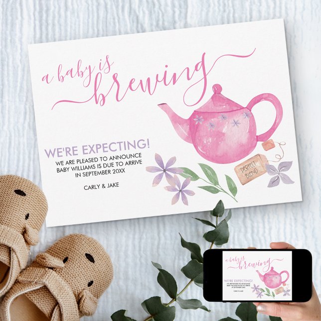 A Baby is Brewing | Cute Pink Teapot Pregnancy Announcement (Creator Uploaded)