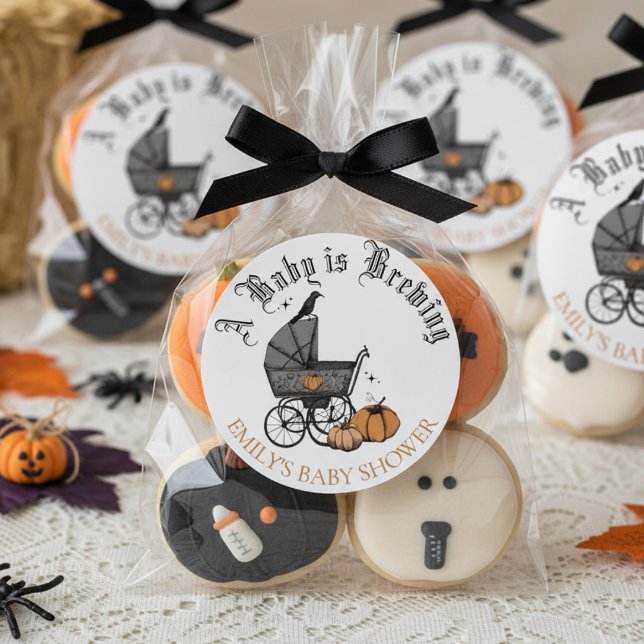 A Baby is Brewing Fall Baby Shower Favour Sticker (Cute Gothic A Baby is Brewing Halloween Baby Shower Favor Stickers. Baby Carriage, Pumpkins, Raven)