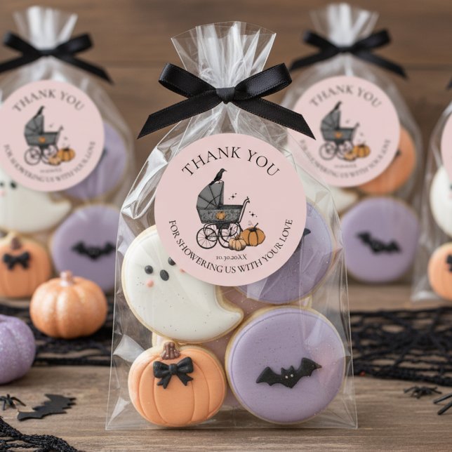 A Baby is Brewing Fall Baby Shower Thank You Classic Round Sticker (Gothic Halloween Baby Shower Favor Stickers to Say Thank You. Cute Spooky Baby Carriage Fall Pumpkin)