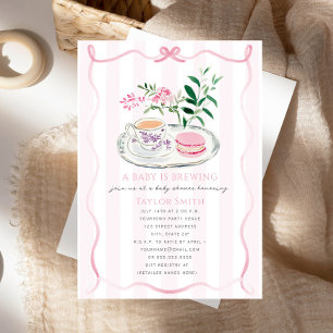 A Baby Is Brewing Fancy Macaron Pink Bow Tea Party Invitation