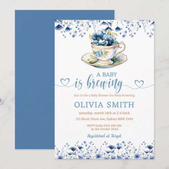 A Baby is Brewing floral Tea Party Boy Baby Shower Invitation (Front/Back)