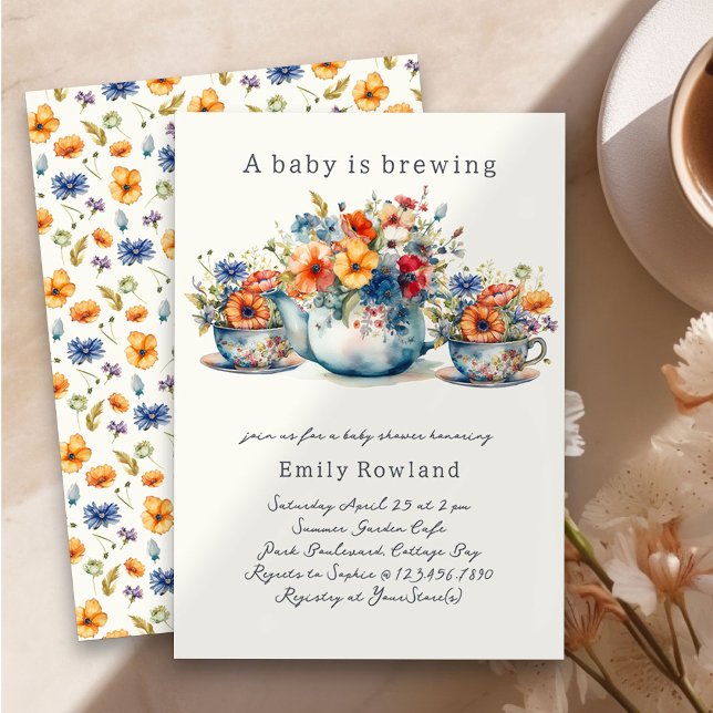 A Baby is Brewing Floral Teacups Baby Shower Invitation (Baby is Brewing Handwritten Baby Shower Invitation with Teapot, Teacups and Country Flowers)