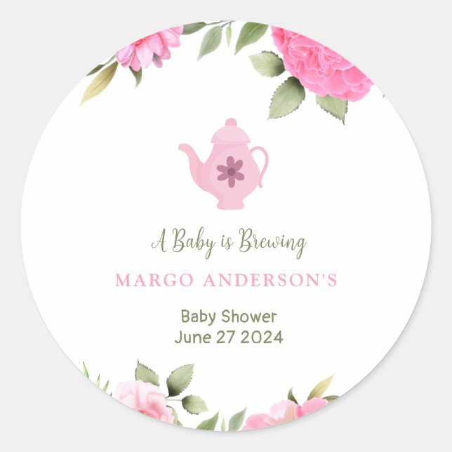 A Baby is Brewing Flower Rose Tea Baby Shower Classic Round Sticker (Front)